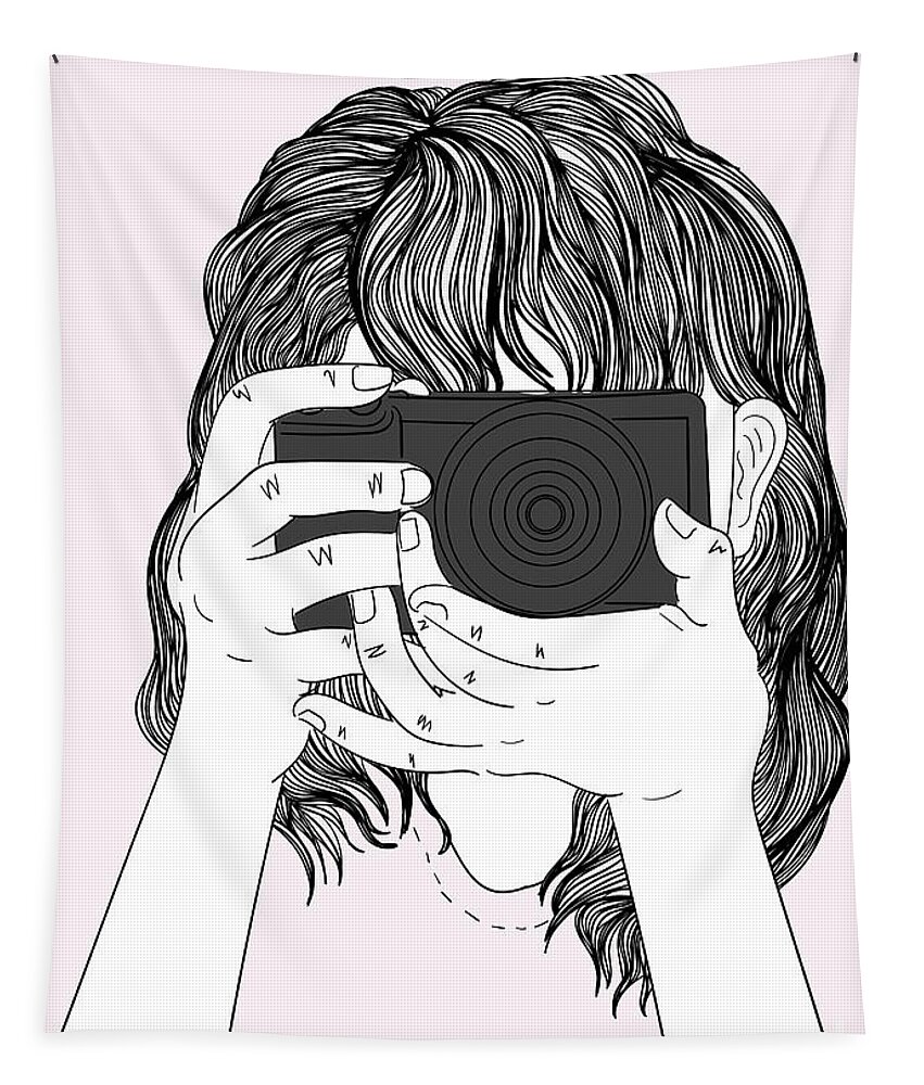 Graphic Tapestry featuring the digital art Woman With A Camera - Line Art Graphic Illustration Artwork by Sambel Pedes