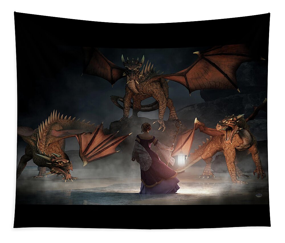 The Light Of Truth Tapestry featuring the digital art Woman with a Lantern Facing Dragons by Daniel Eskridge