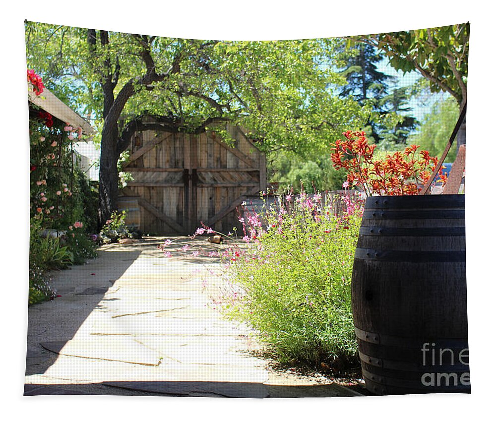 Wooden Barrel Tapestry featuring the photograph Wooden Barrel In Garden Solvang CA by Colleen Cornelius
