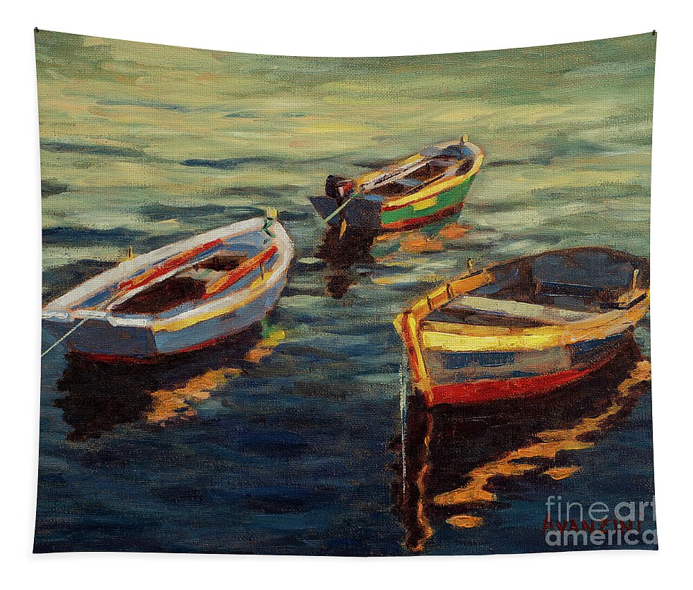 Galicia Tapestry featuring the painting Wooden Boats at Mugardos Oil on Canvas Painting Galicia by Pablo Avanzini