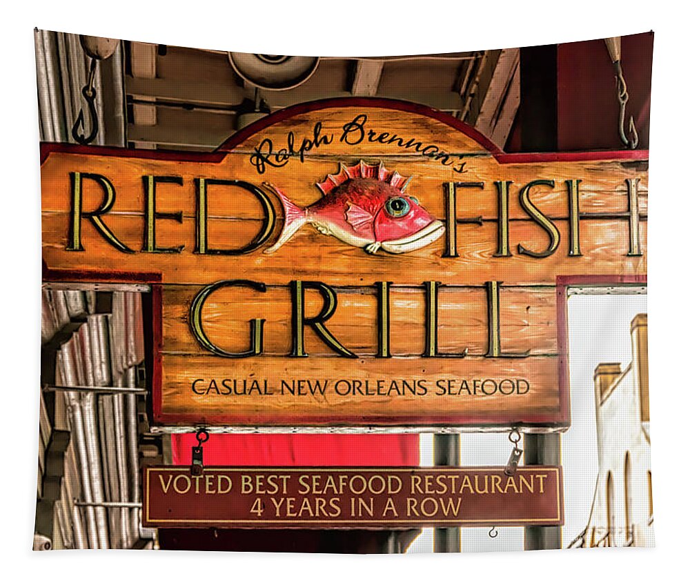 Wooden Red Fish Grill Sign New Orleans Tapestry featuring the photograph Wooden Red Fish Grill Sign New Orleans by Debra Martz