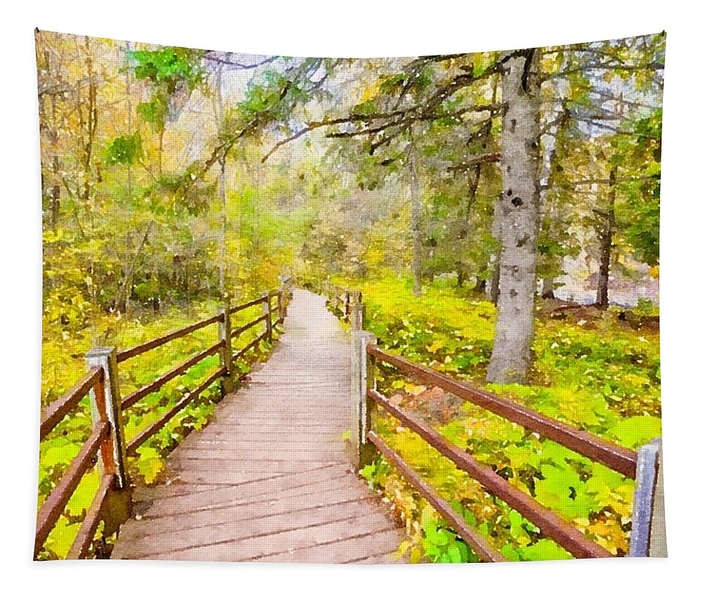 Travel Destination Tapestry featuring the mixed media Wooden Trail at Gooseberry Falls Watercolor by Susan Rydberg