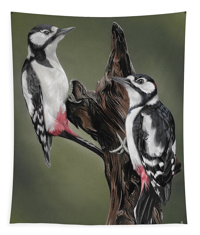 Woodpecker Tapestry featuring the painting Woodpeckers by Karie-ann Cooper