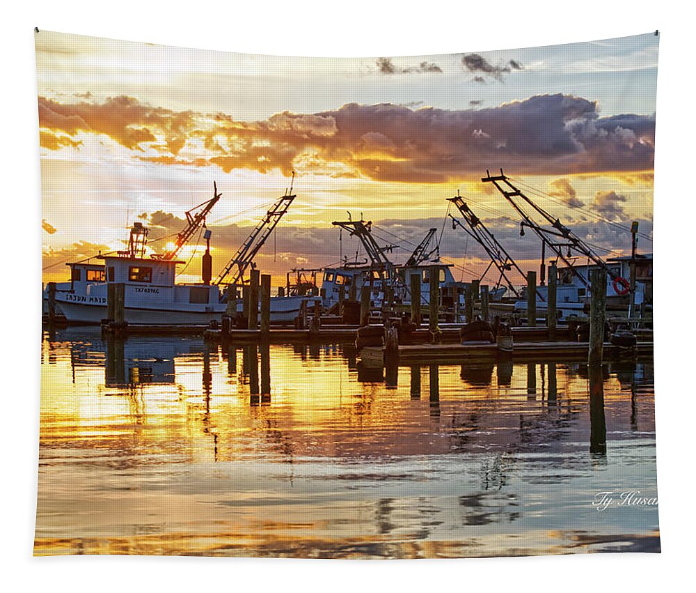 Sunrise Tapestry featuring the photograph Workboats on Silver and Gold by Ty Husak