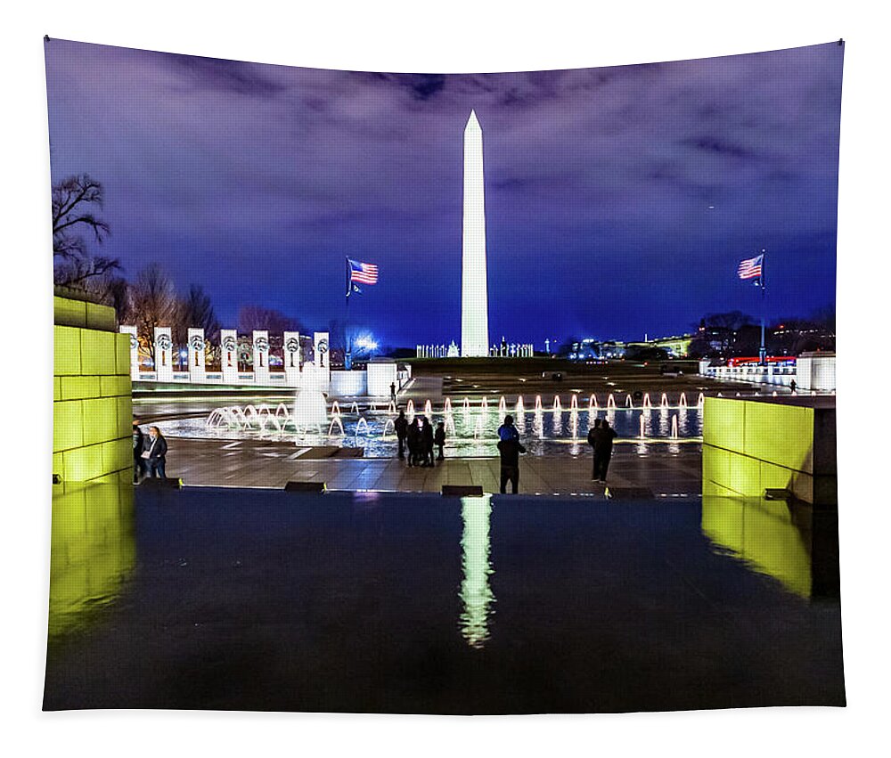 World War Ii Memorial Tapestry featuring the digital art World War II Memorial with the Washington Monument in the background by SnapHappy Photos