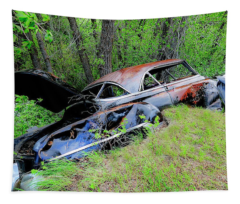 Wreaked Vintage Car Tapestry featuring the photograph Wreck in the Rain by Neil Pankler