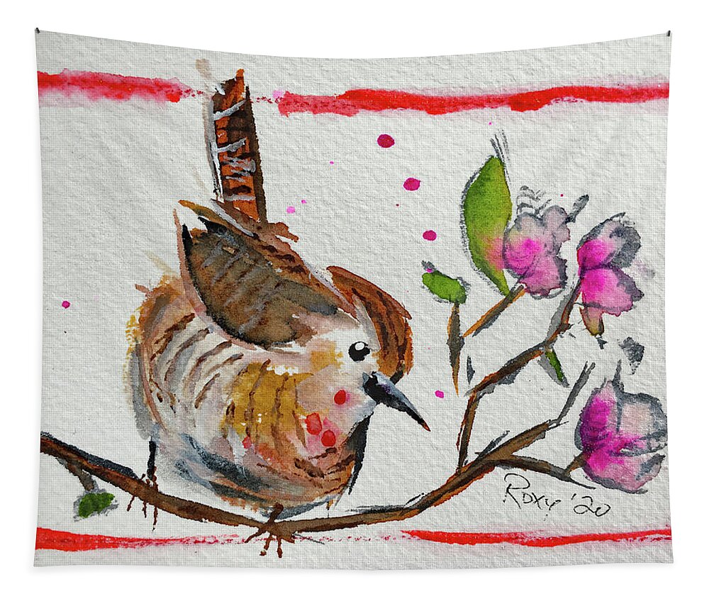 Wren Bird Tapestry featuring the painting Wren in a Cherry Blossom Tree by Roxy Rich