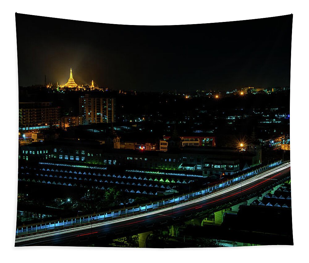 Shwedagon Tapestry featuring the photograph Yangon Cityscape at Night by Arj Munoz