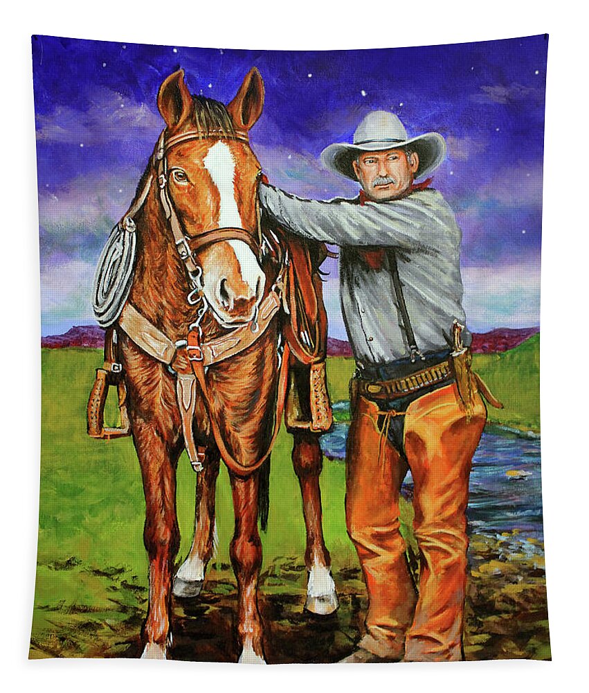 Cowboy Tapestry featuring the painting Yeah, I See It, Too by Karl Wagner