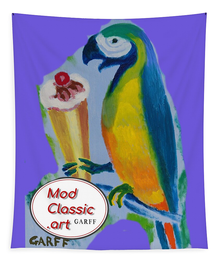 Parrot Tapestry featuring the painting Yellow Ara with Ice Cream ModClassic Art by Enrico Garff