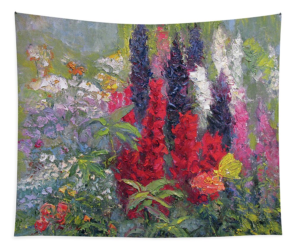 Flowers Tapestry featuring the painting Yellow Butterfly and Gladiolus. by John McCormick