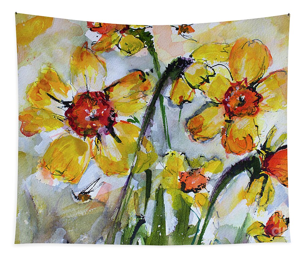 Yellow Flowers Tapestry featuring the painting Yellow Daffodils and Bees 3 Watercolor Painting by Ginette Callaway