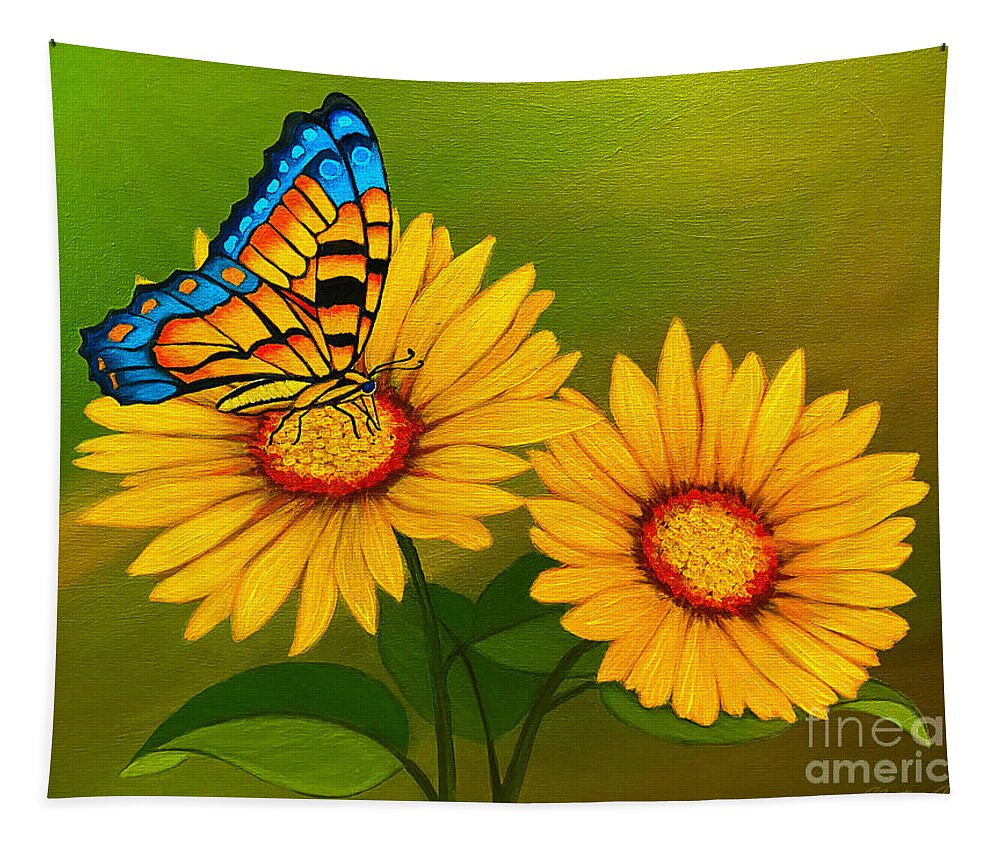 Blue Tapestry featuring the painting Sunflowers and Butterfly by Marty's Royal Art