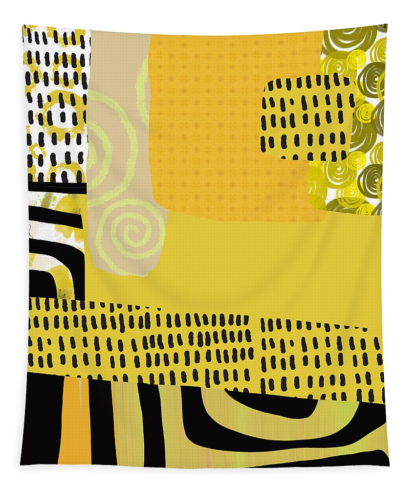 Yellow Abstract Tapestry featuring the mixed media Yellow Jazz by Nancy Merkle