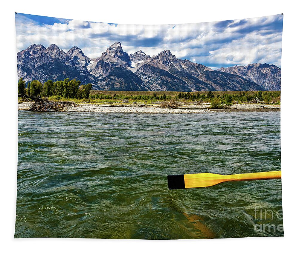 Snake River Tapestry featuring the photograph Yellow Oar on Snake River in Grand Tetons by Roslyn Wilkins
