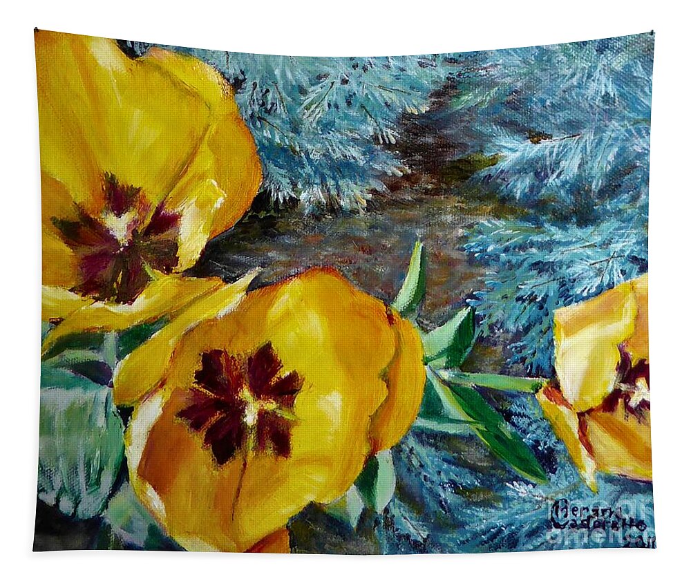 Yellow Tapestry featuring the painting Yellow Tulips by Merana Cadorette