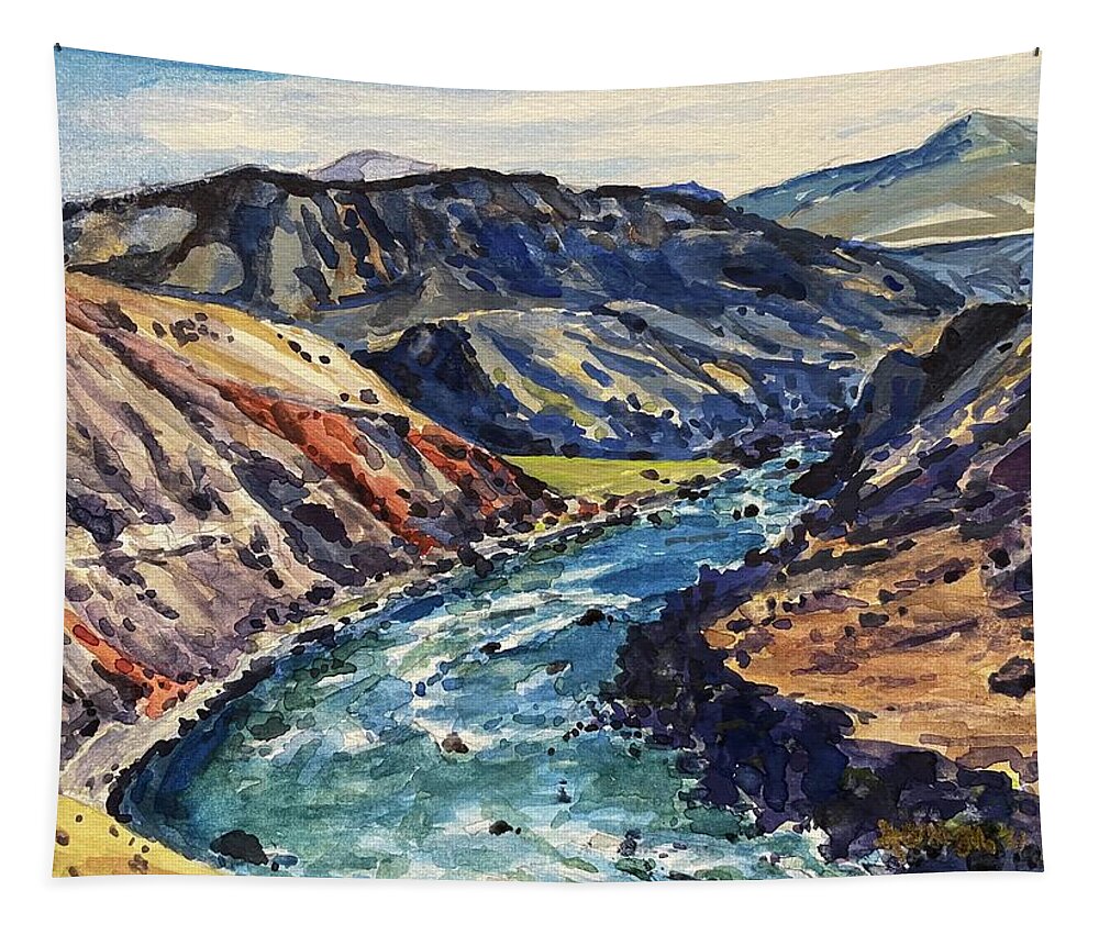 Yellowstone Tapestry featuring the painting Yellowstone River Trail to Mouth of Bear Creek by Les Herman