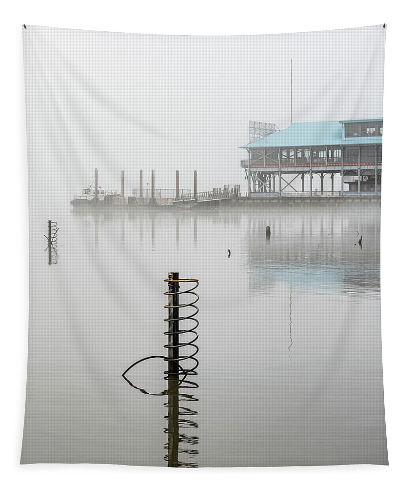 Hudson River Tapestry featuring the photograph Yonkers Pier in Thick Fog by Kevin Suttlehan