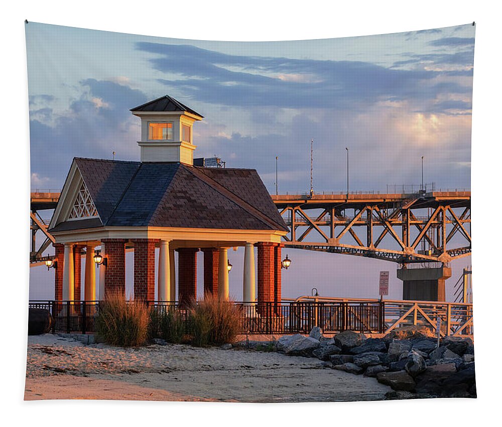 Yorktown Tapestry featuring the photograph Yorktown Pavilion at Sunrise by Rachel Morrison