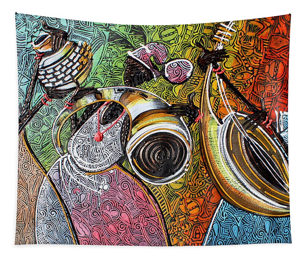 Africa Tapestry featuring the painting Yoruba, Hausa, Ibo Musicians - 2 by Paul Gbolade Omidiran
