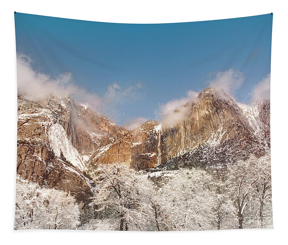Dave Welling Tapestry featuring the photograph Yosemite Falls Lost Arrow In Winter Yosemite National Park by Dave Welling