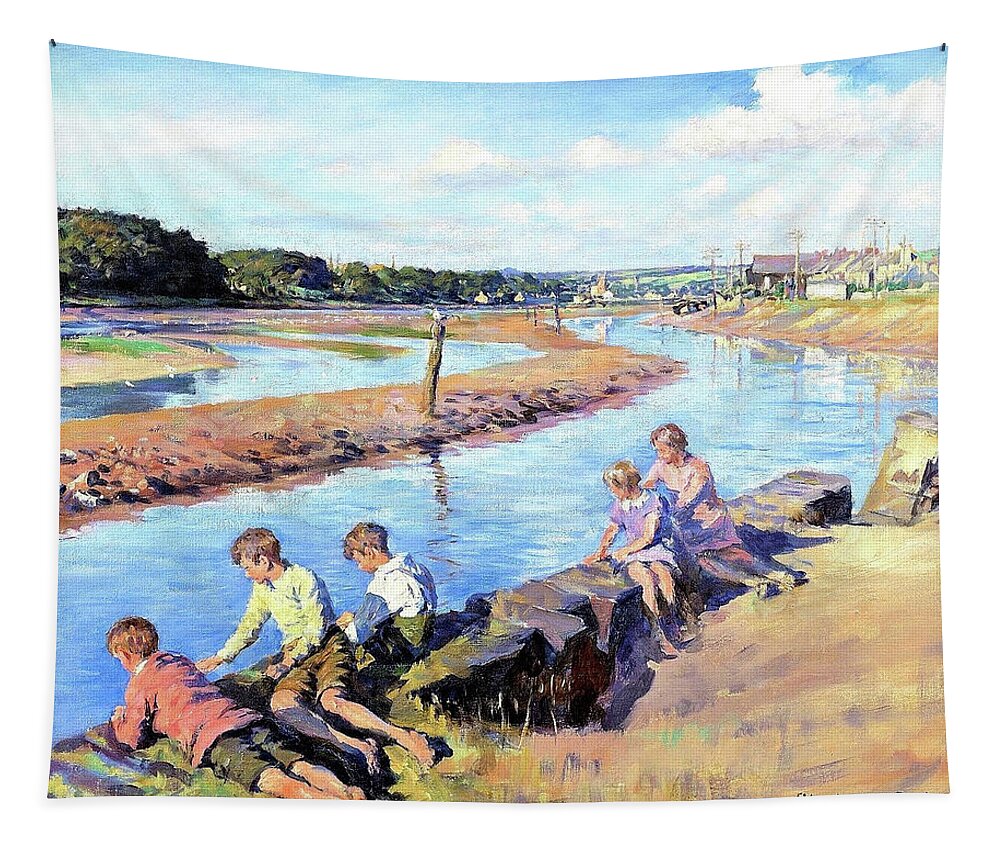 Young Anglers At Hayle Tapestry featuring the painting Young anglers at Hayle - Digital Remastered Edition by Stanhope Alexander Forbes