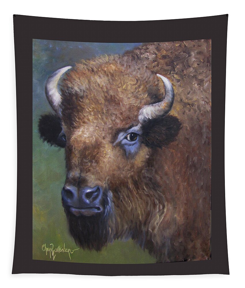 Bison Tapestry featuring the painting Young Bison From Stratford Oklahoma an Original Artwork by Cheri Wollenberg by Cheri Wollenberg