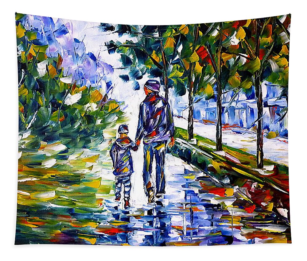 Autumn Walk Tapestry featuring the painting Young Father With Son by Mirek Kuzniar