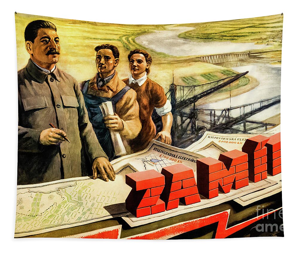 Zamir Tapestry featuring the drawing Zamir For Peace 1950s Soviet Propaganda Poster by M G Whittingham