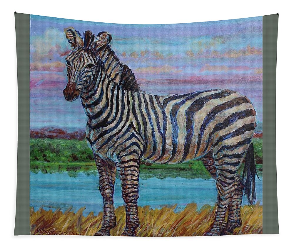 Animal Tapestry featuring the painting Zebra At The Waterhole by Veronica Cassell vaz