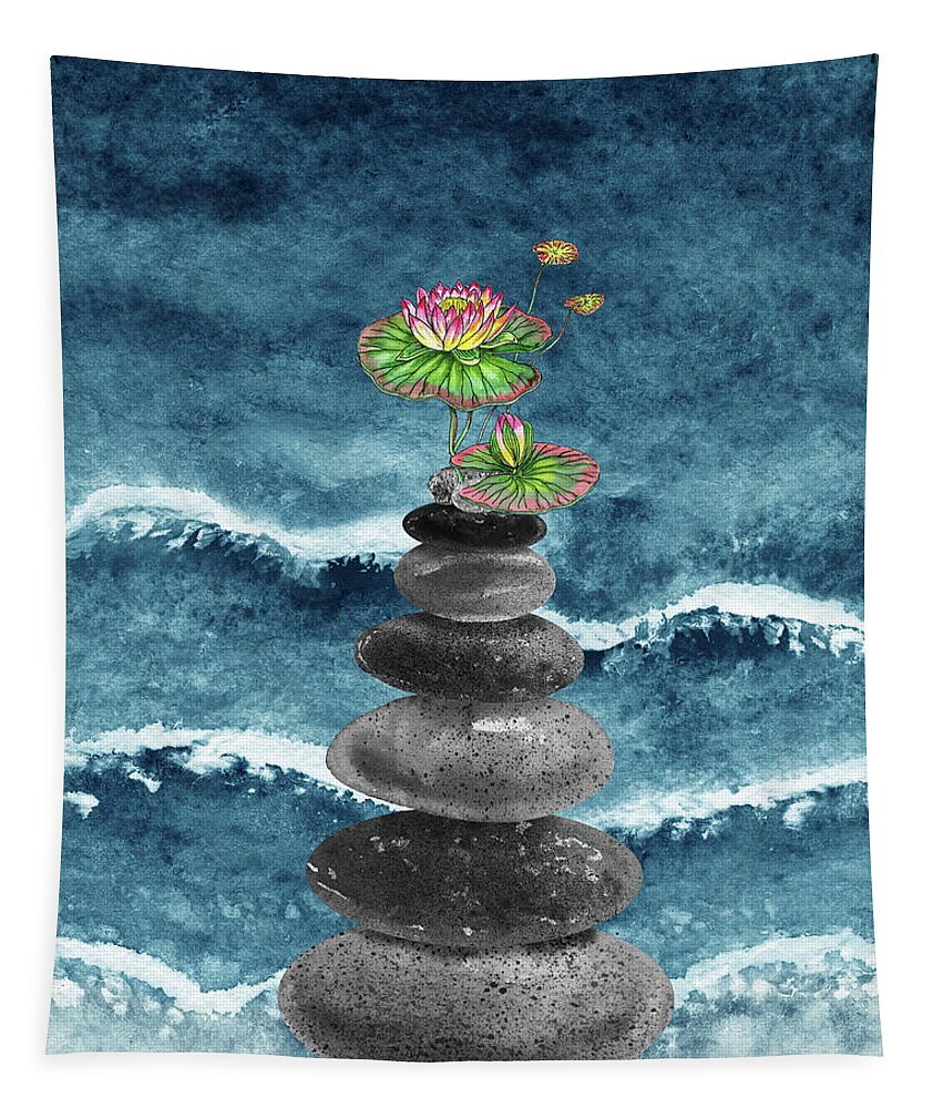 Zen Rocks Tapestry featuring the painting Zen Rocks Cairn Meditative Tower And Lotus Flower Watercolor by Irina Sztukowski