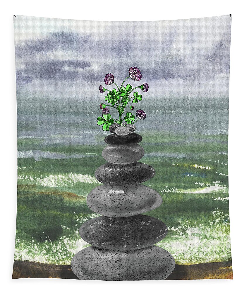 Zen Rocks Tapestry featuring the painting Zen Rocks Cairn Meditative Tower Lucky Clover Flower Watercolor by Irina Sztukowski