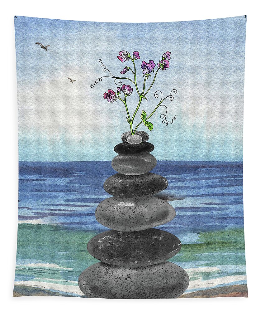 Cairn Rocks Tapestry featuring the painting Zen Rocks Cairn Meditative Tower With Sweet Pea Flower Watercolor by Irina Sztukowski
