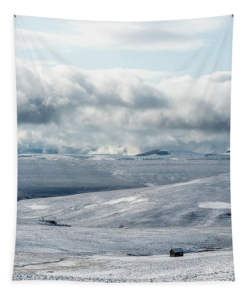 Outdoor; Zumwalt; Spring; Snow Storm; Barn; Joseph; Oregon; Zumwalt Prairie Tapestry featuring the digital art Zumwalt Prairie under Snow by Michael Lee