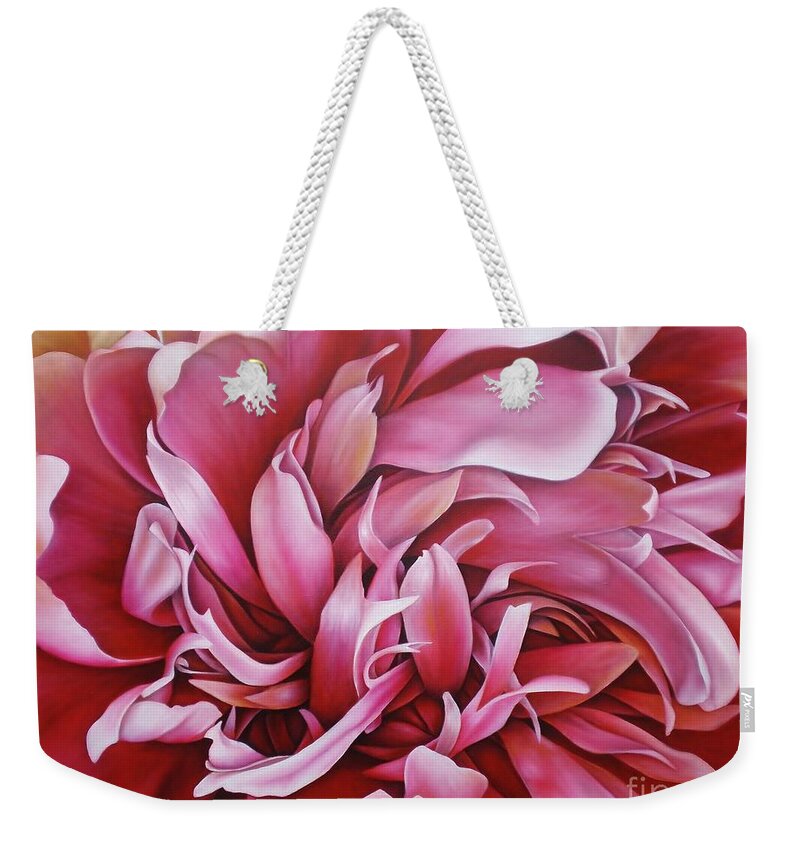 Flower Weekender Tote Bag featuring the painting Abstract Peony by Paula Ludovino