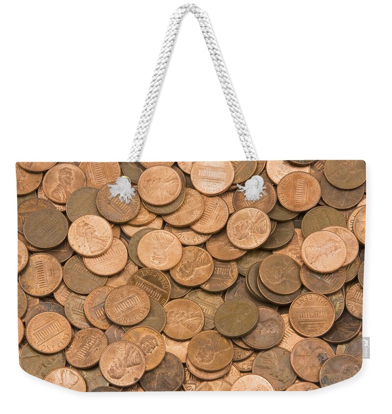 Penny Background Weekender Tote Bag featuring the photograph American Pennies by Keith Webber Jr