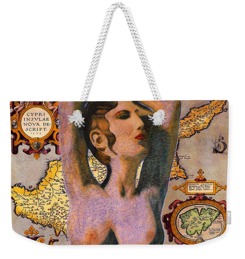 Augusta Stylianou Weekender Tote Bag featuring the digital art Aphrodite and Ancient Cyprus Map #3 by Augusta Stylianou
