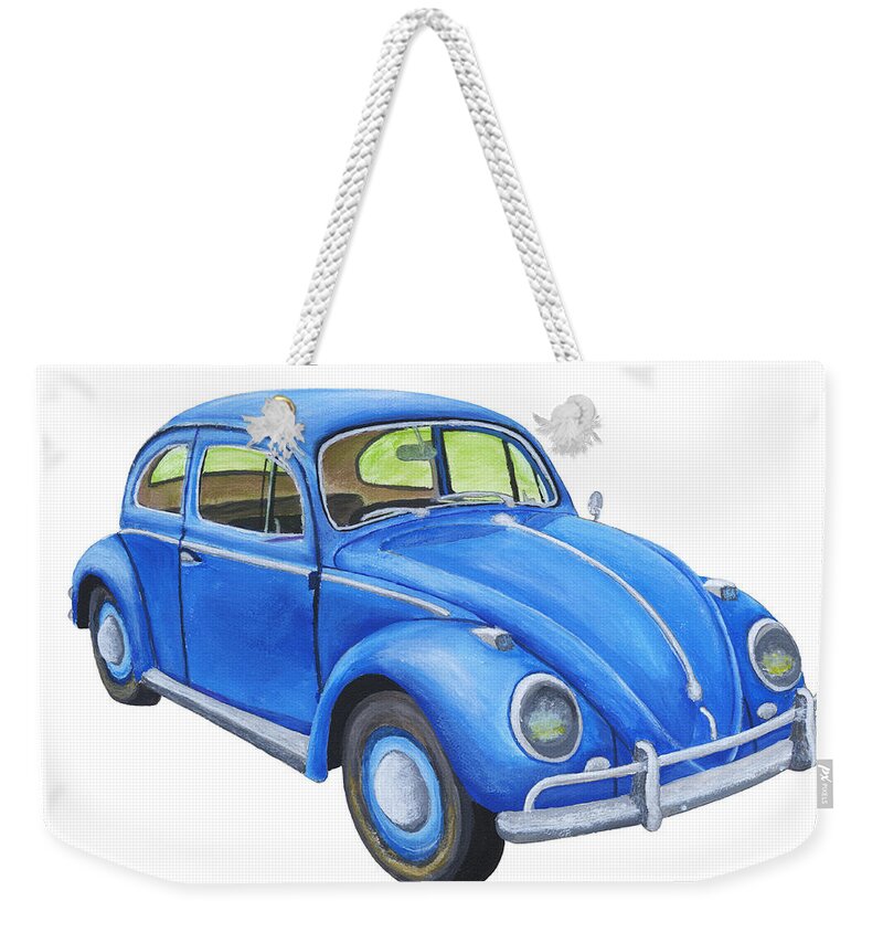 Bug Weekender Tote Bag featuring the painting Blue Volkswagon Beetle Painting by Keith Webber Jr
