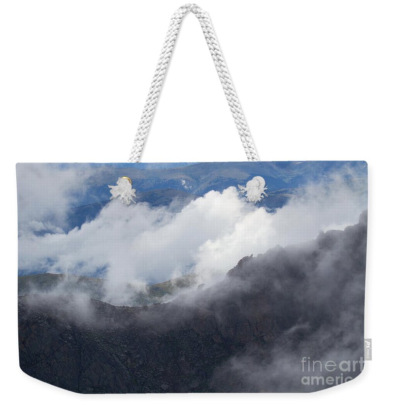 Mt. Bierstadt Weekender Tote Bag featuring the photograph Mt. Bierstadt in the Clouds by Jim Garrison