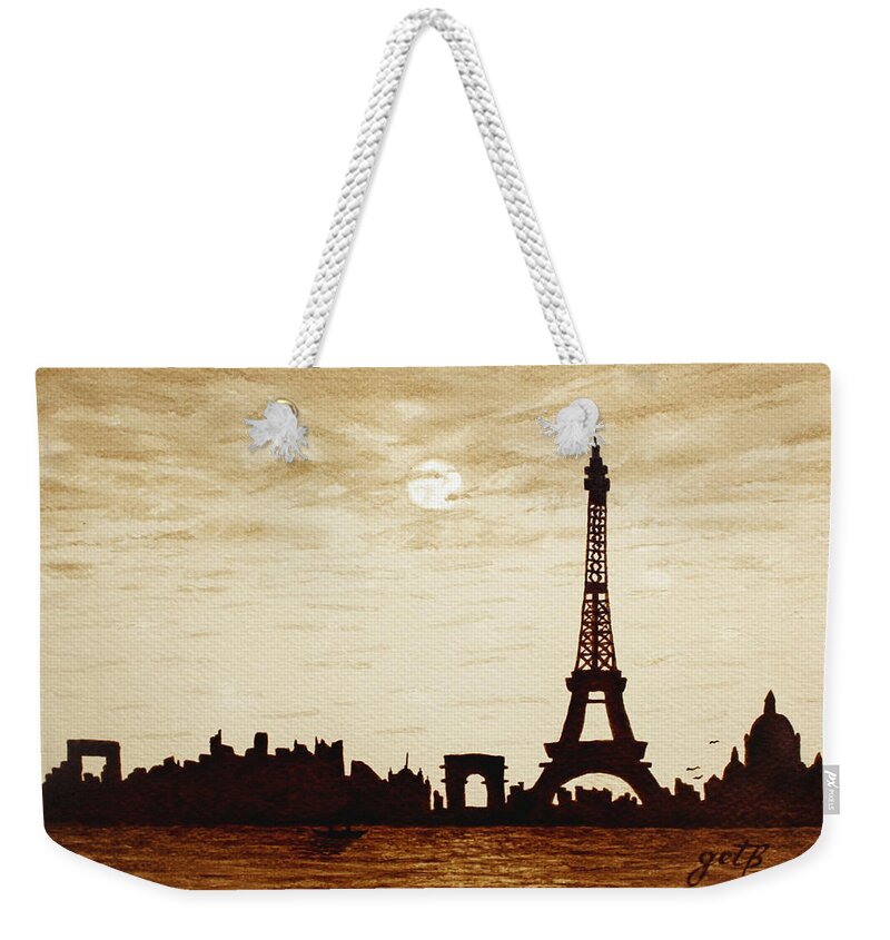 Paris Weekender Tote Bag featuring the painting Paris Under Moonlight Silhouette France by Georgeta Blanaru