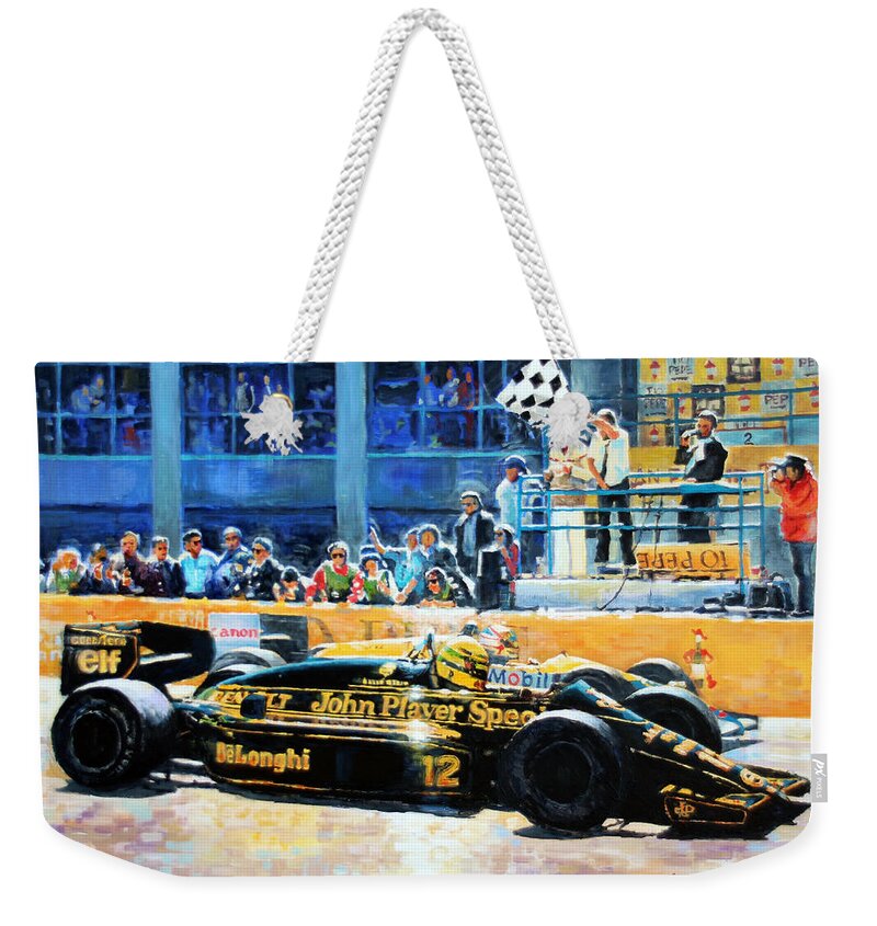 Acrylic On Canvas Weekender Tote Bag featuring the painting Senna vs Mansell F1 Spanish GP 1986 by Yuriy Shevchuk