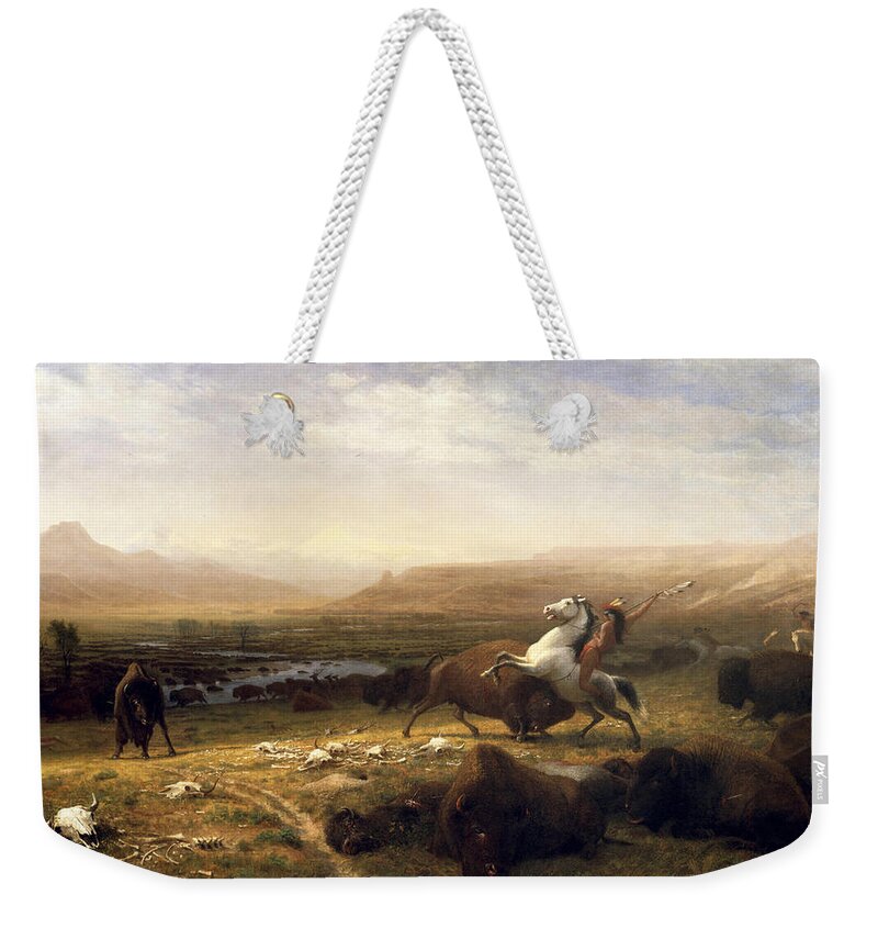 Albert Bierstadt Weekender Tote Bag featuring the painting The Last of the Buffalo #8 by Albert Bierstadt