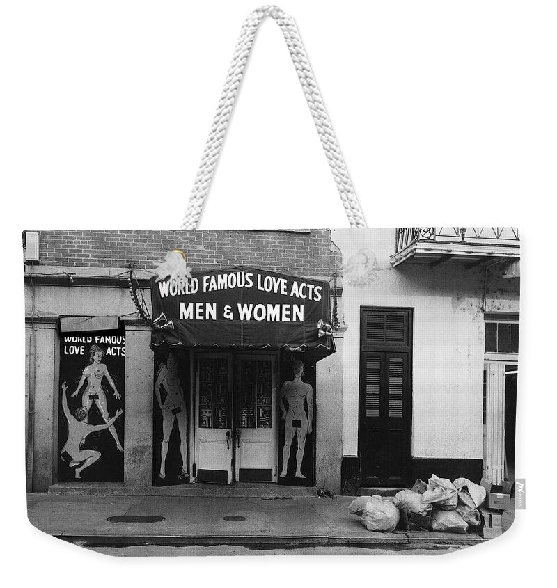 World Famous Love Acts French Quarter New Orleans Louisiana 1976-2012 Black And White Weekender Tote Bag featuring the photograph World Famous Love Acts French Quarter New Orleans Louisiana 1976-2012 #1 by David Lee Guss