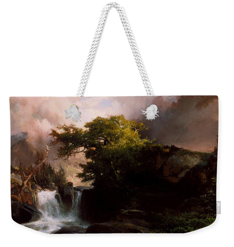 Land Weekender Tote Bag featuring the painting A Mountain Stream by Thomas Moran