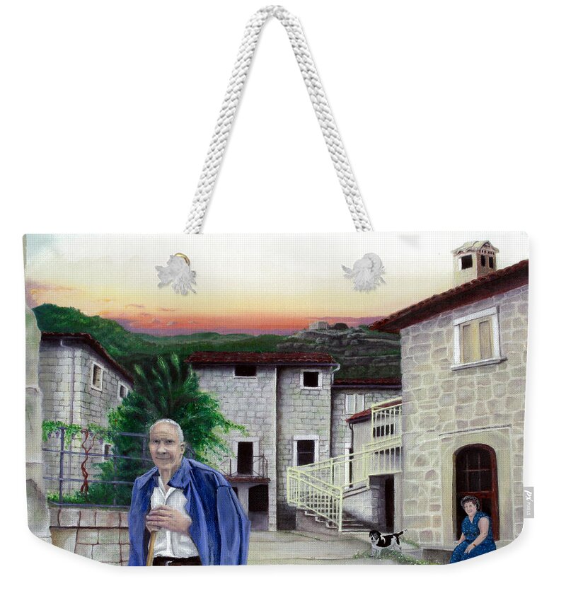 Vallecchia De Monte Calvo Weekender Tote Bag featuring the painting A Walk with Dante #1 by Albert Puskaric