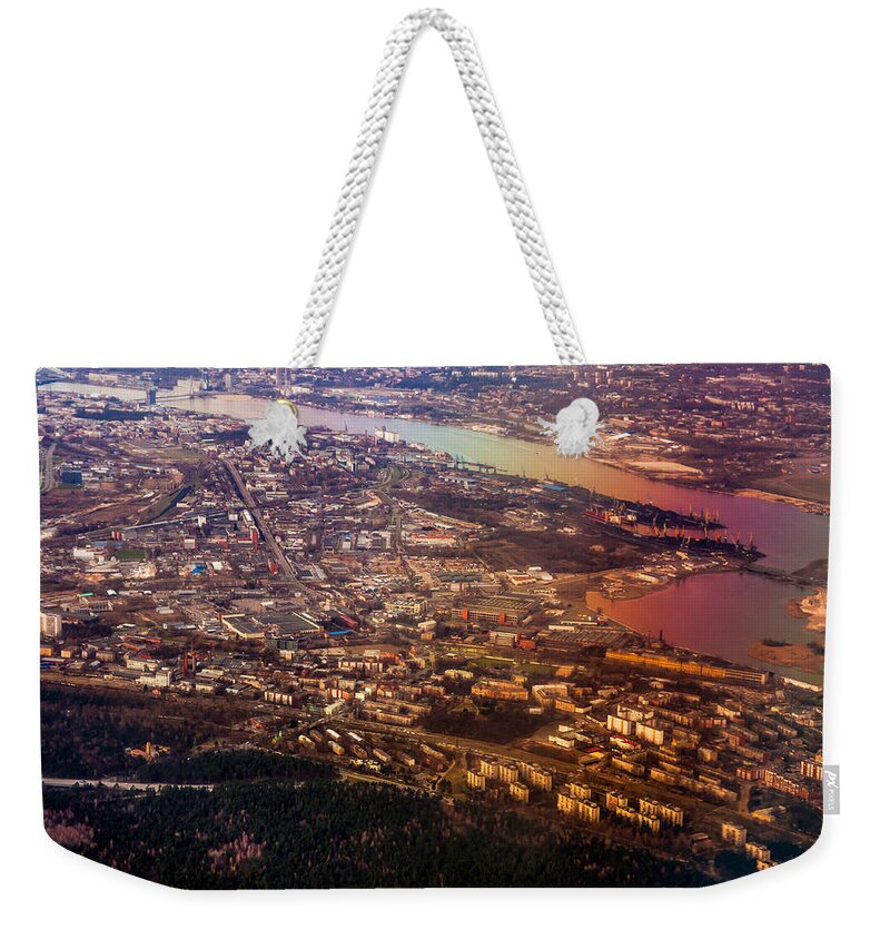 Aerial Weekender Tote Bag featuring the photograph Aerial View of Riga. Latvia. Rainbow Earth #1 by Jenny Rainbow