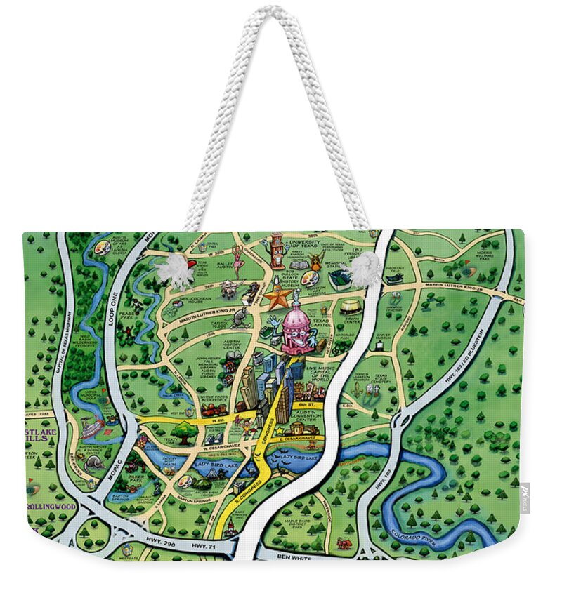 Austin Weekender Tote Bag featuring the painting Austin Texas Cartoon Map #1 by Kevin Middleton