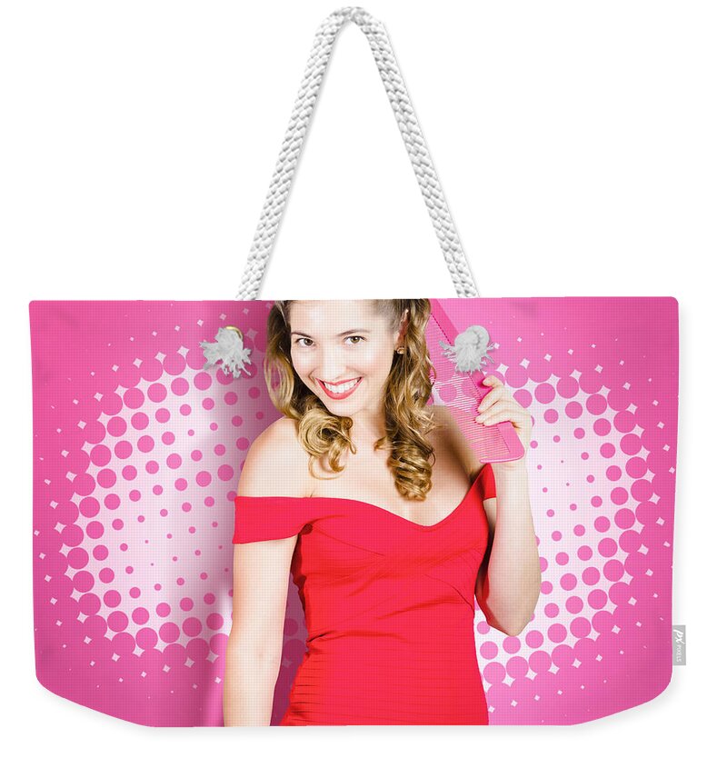 Portrait Weekender Tote Bag featuring the photograph Beautiful retro woman. Salon hairstyle pin-ups #1 by Jorgo Photography