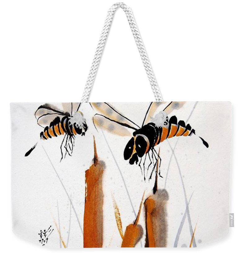 Art With Quotes Weekender Tote Bag featuring the painting Beeing Present #1 by Bill Searle