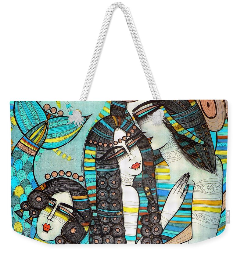 Blue Weekender Tote Bag featuring the painting Beyond The Oceans... by Albena Vatcheva